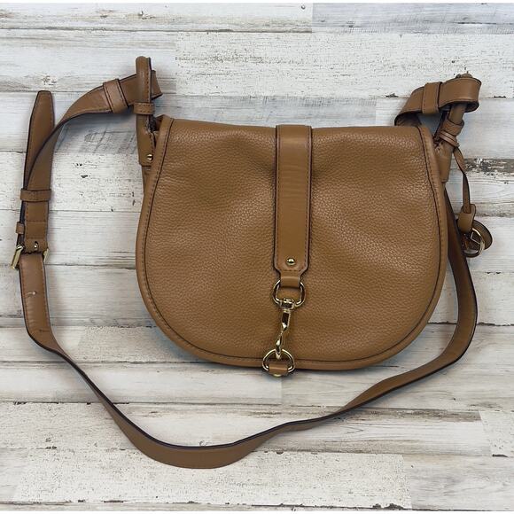 Michael Kors Jamie Large Tan Acorn Leather Crossbody Saddle Bag - Picture 1 of 11